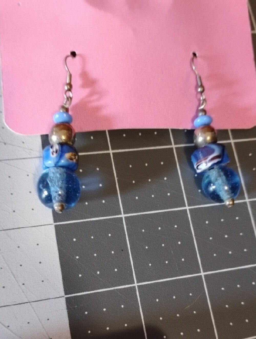 Blue Glass Bead Dangle Earrings - Unbranded